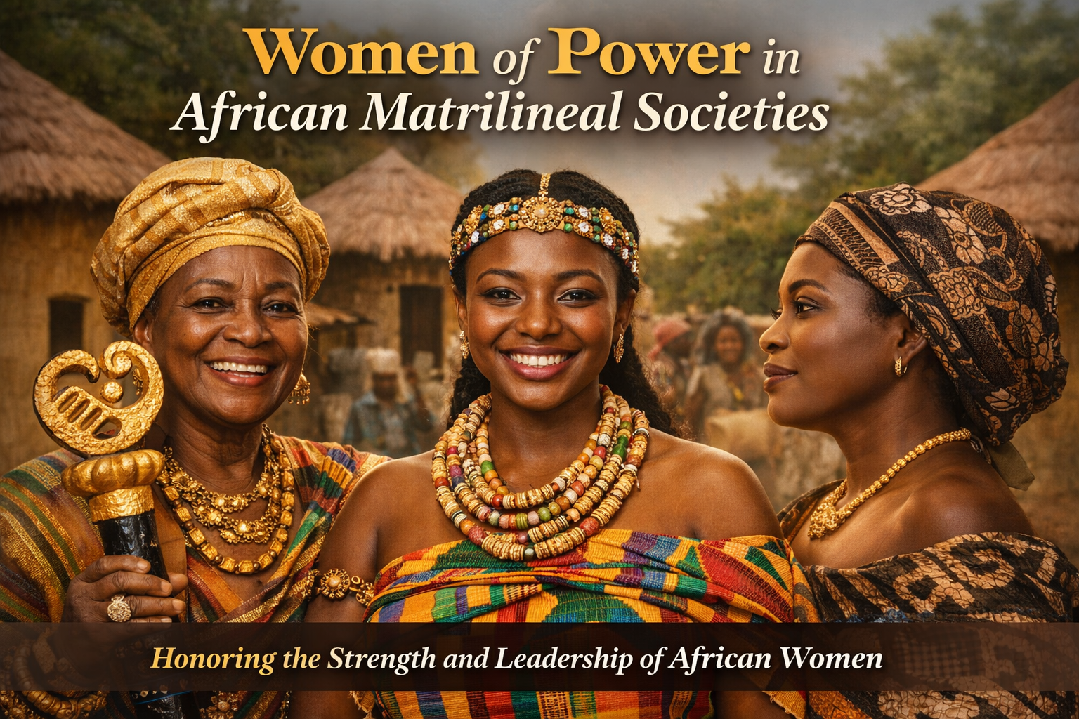 African women in traditional Akan attire representing leadership, matrilineal heritage, and cultural power in Ghana