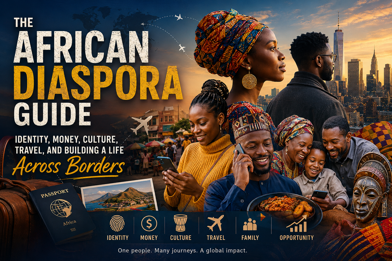 Collage-style illustration representing African diaspora life with African families, travel, culture, city skylines, food, identity, and global connections across borders.