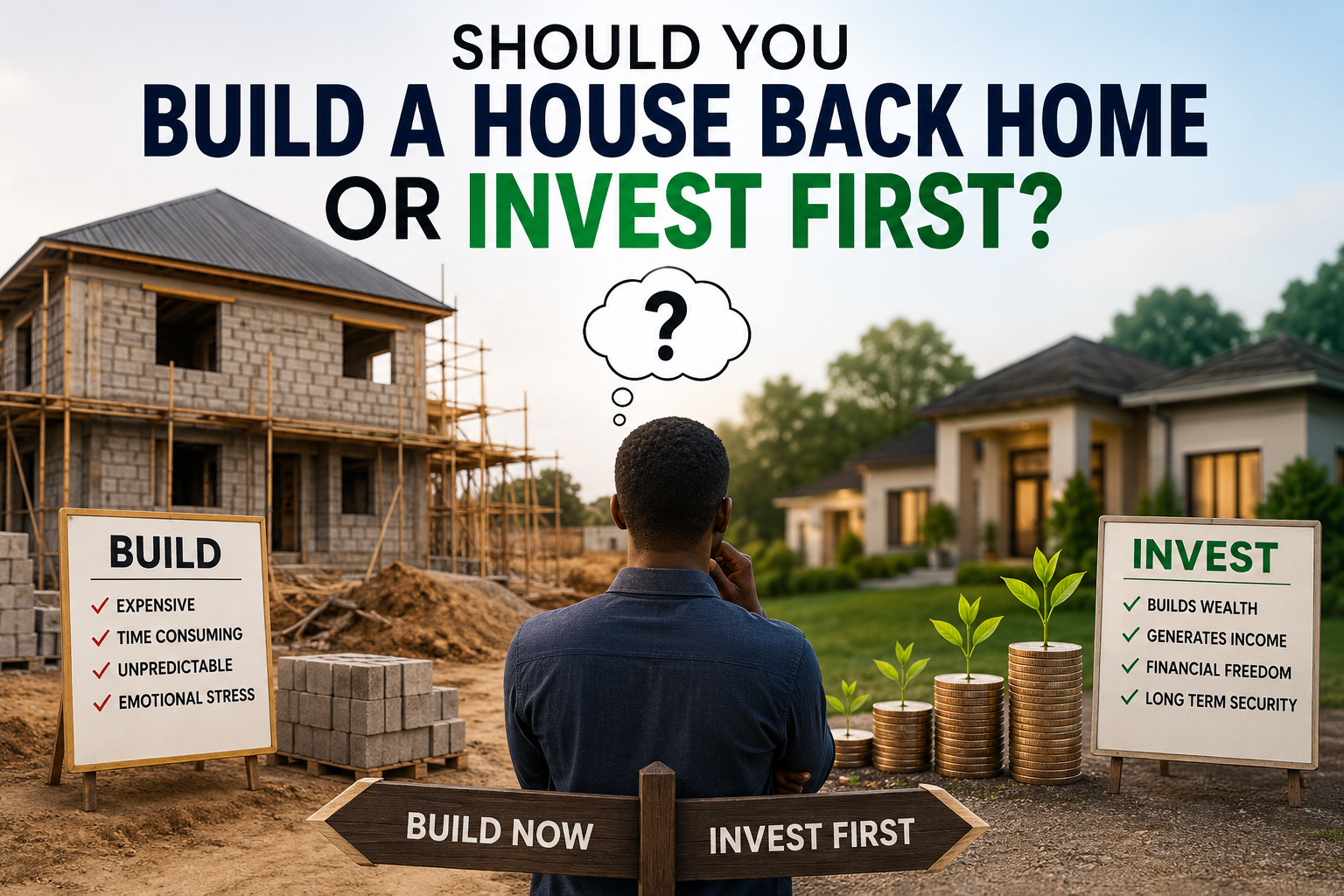 African man deciding between building a house back home and investing first, with an unfinished house on one side and financial growth symbols on the other.